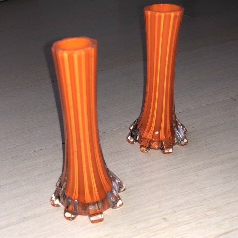 SOLD Pair Vintage Orange Glass Mini Fluted Vases - Picture 8 of 8